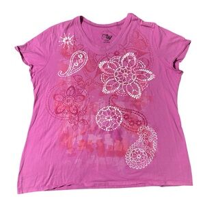 Just My Size Pink Floral Paisley Boho V Neck Tee Puff Print